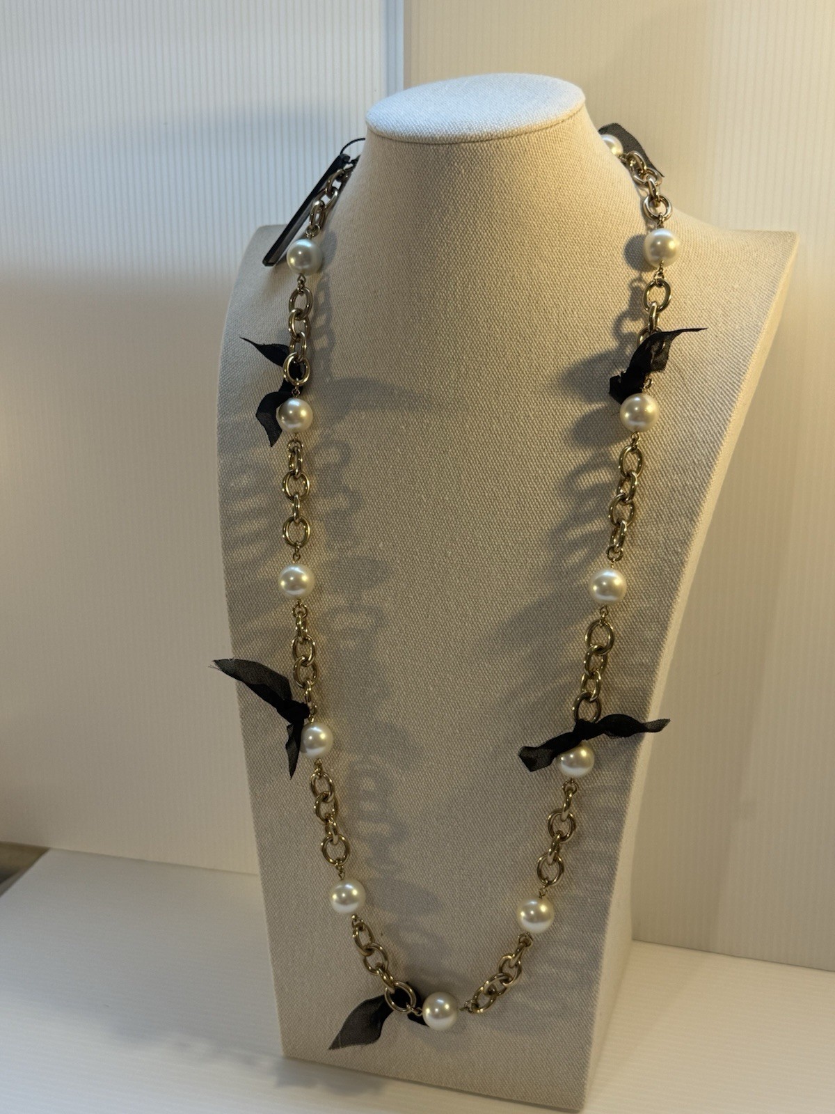 90’s Ann Taylor NWT Statement Necklace Chain Pearl Ribbon Heavy Chunky 33.5” L