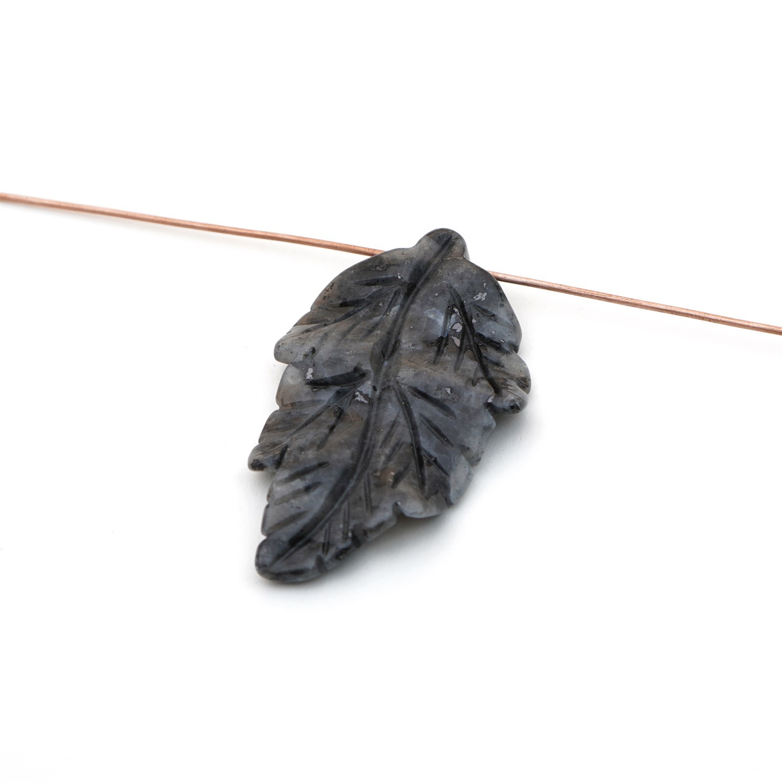 Long carved grey Norwegian moonstone leaf pendant top drill larvikite stone 41mm