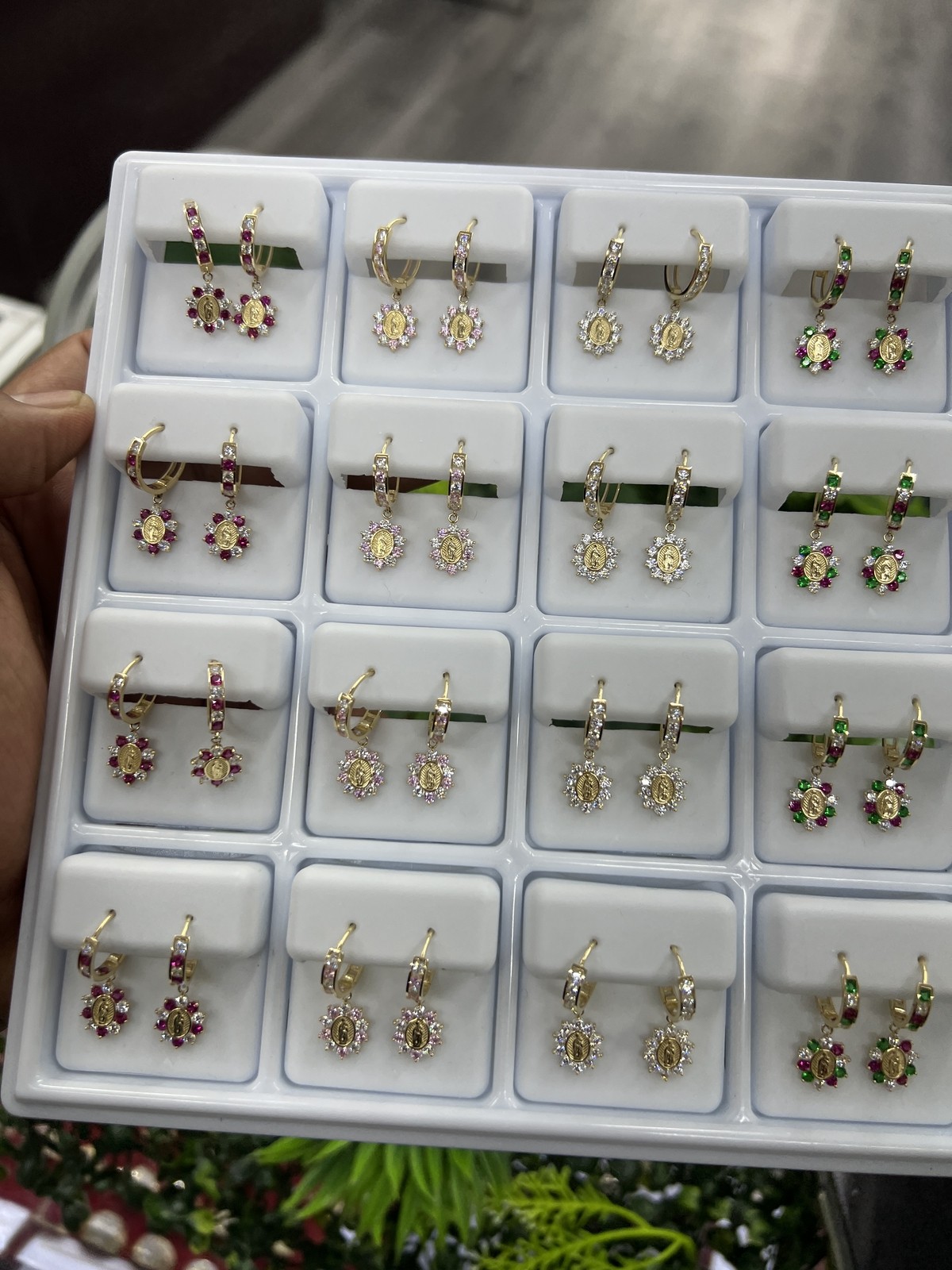 14K Yellow Gold CZ Huggies Virgen de Guadalupe Earrings 24x12mm Elegant Gifts