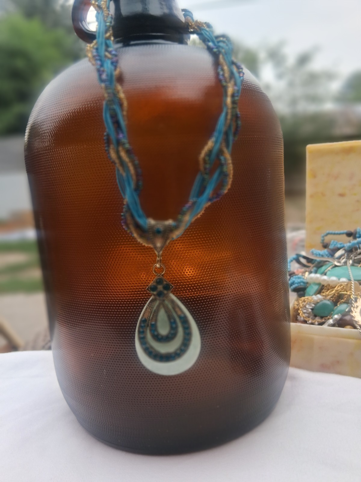 Blue & White Beaded Multi-Strand Necklace Teardrop Charm Pendant Bohemian