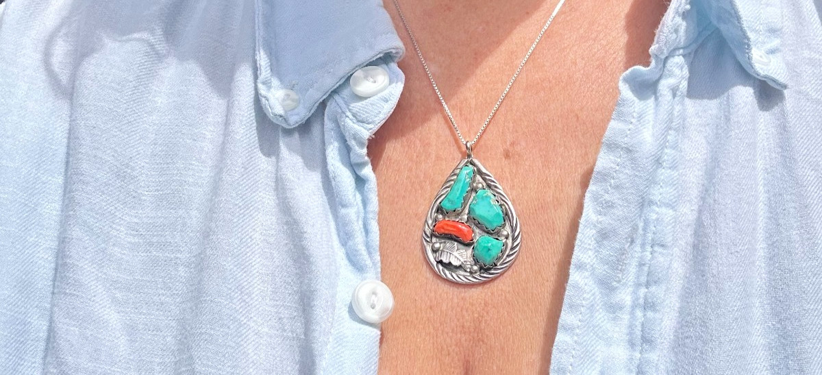 Vintage Cheama Zuni Sterling Silver Turquoise Red Coral Pendant 925 10.4 grams