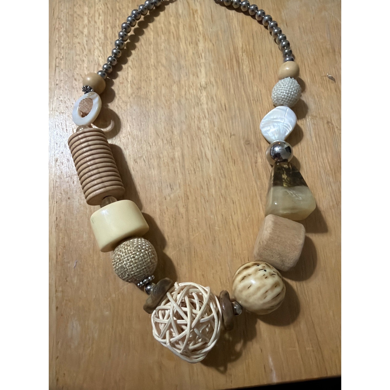 Mixed Media Chunky Statement Necklace Wood Rattan Fabric Shell Neutral Earthy