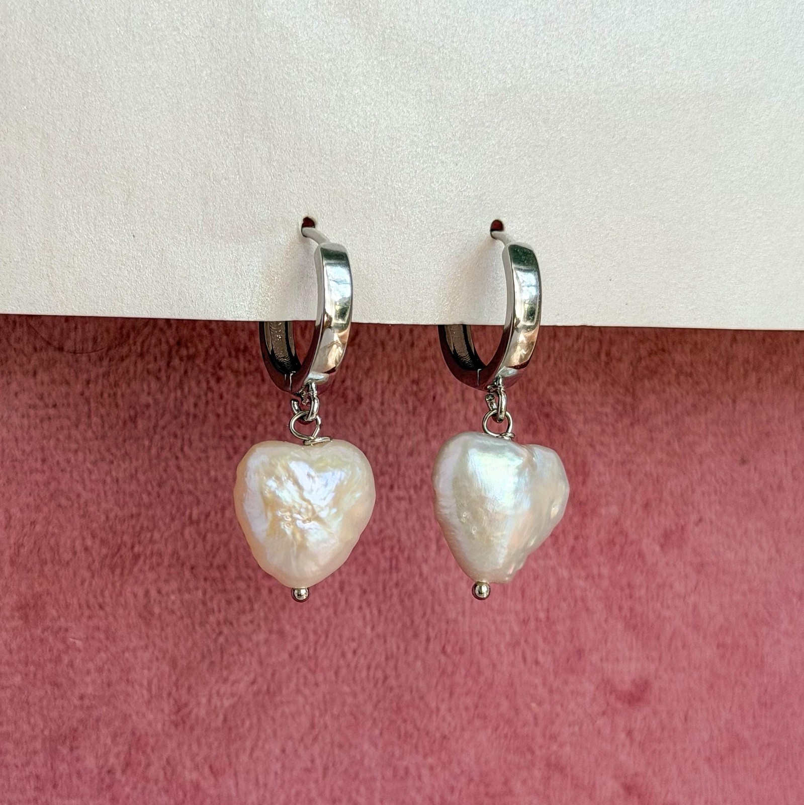 Heart Pearl Drop Earrings, Silver Huggie Hoops, Gift for Her