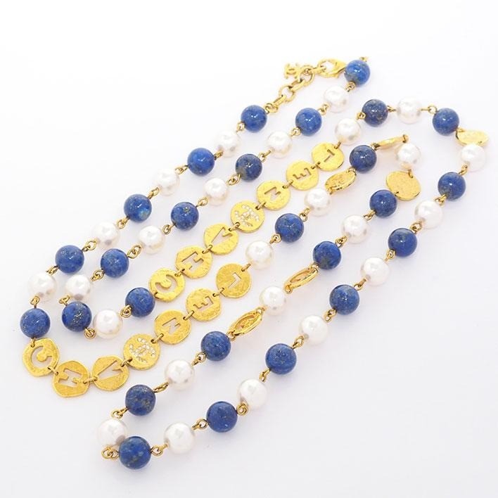 CHANEL Necklace Coco Mark Logo Openwork Long Gold/Blue Women’s w/Box
