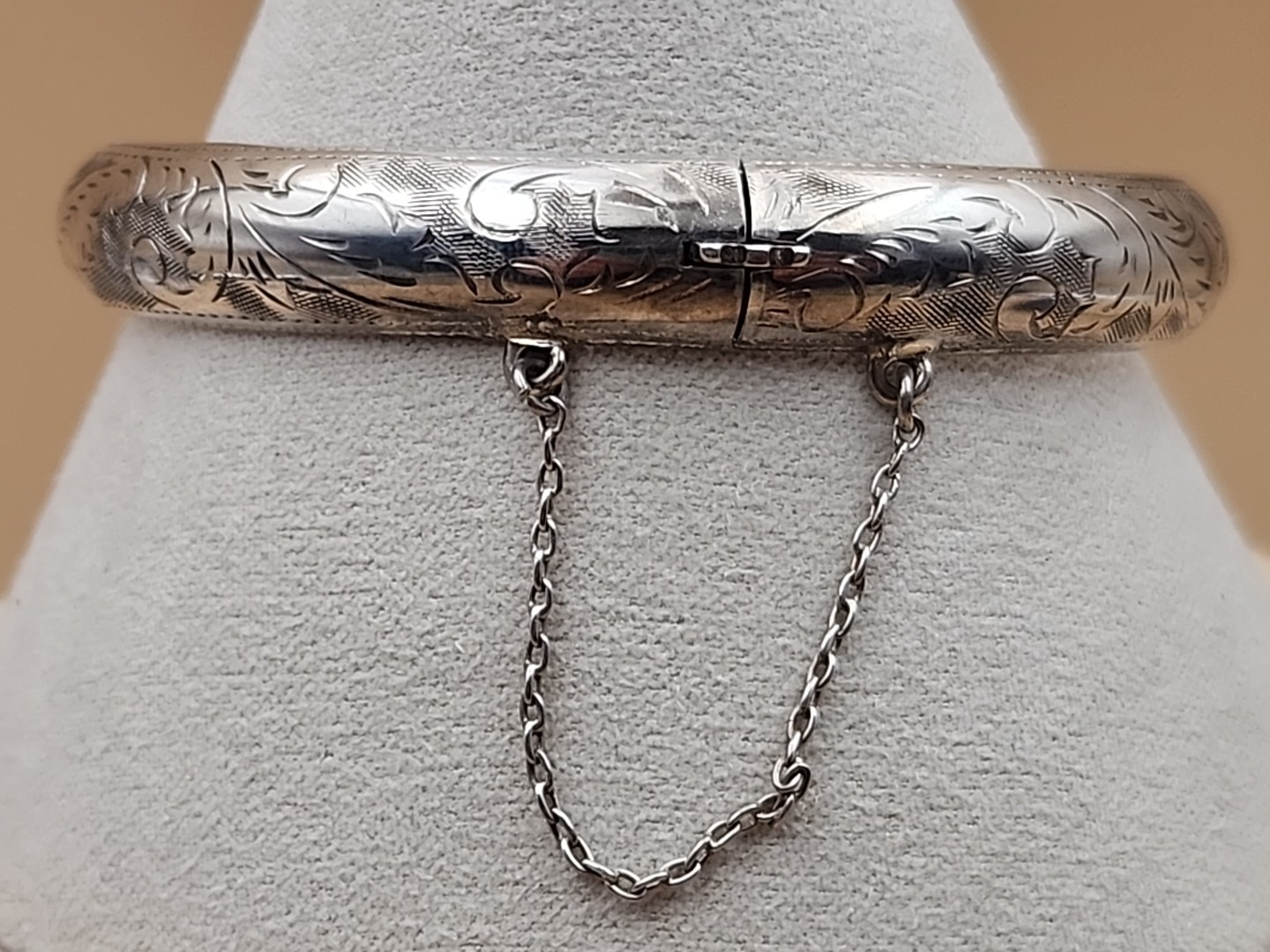 Sterling Silver Vintage Hand Engraved/Hinged Cuff Bracelet With Safety Chain