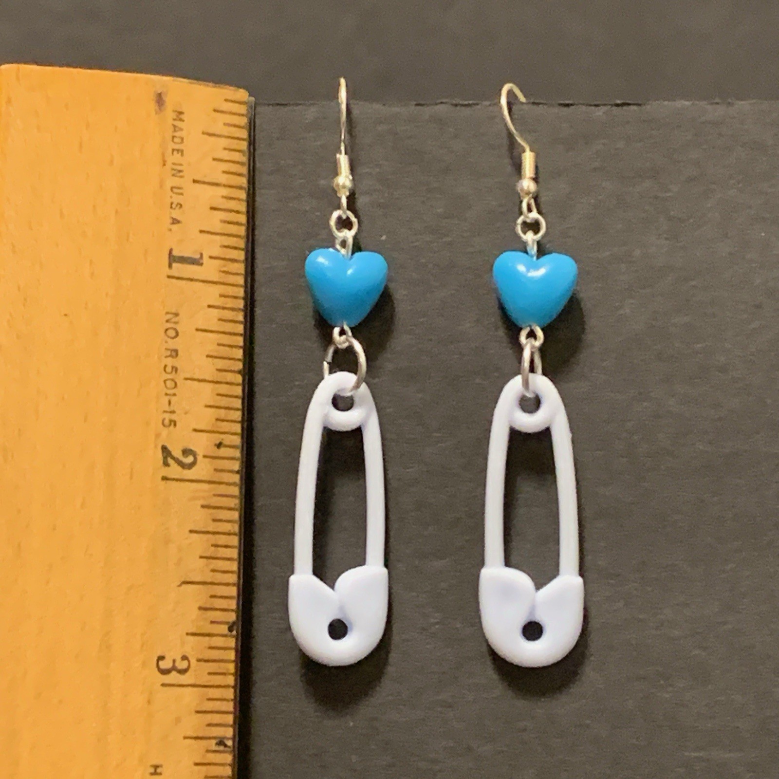 Baby Shower Gift Earrings Handmade Blue Safety Pin Gender Reveal Cute Toy Heart
