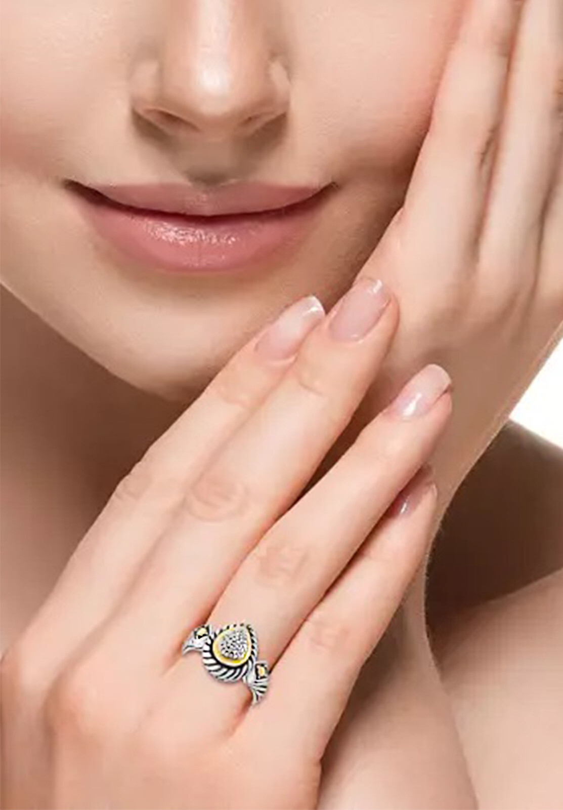 Effy Sterling Silver & 18K Yellow Gold Pave Teardrop Diamond Ring Size 7