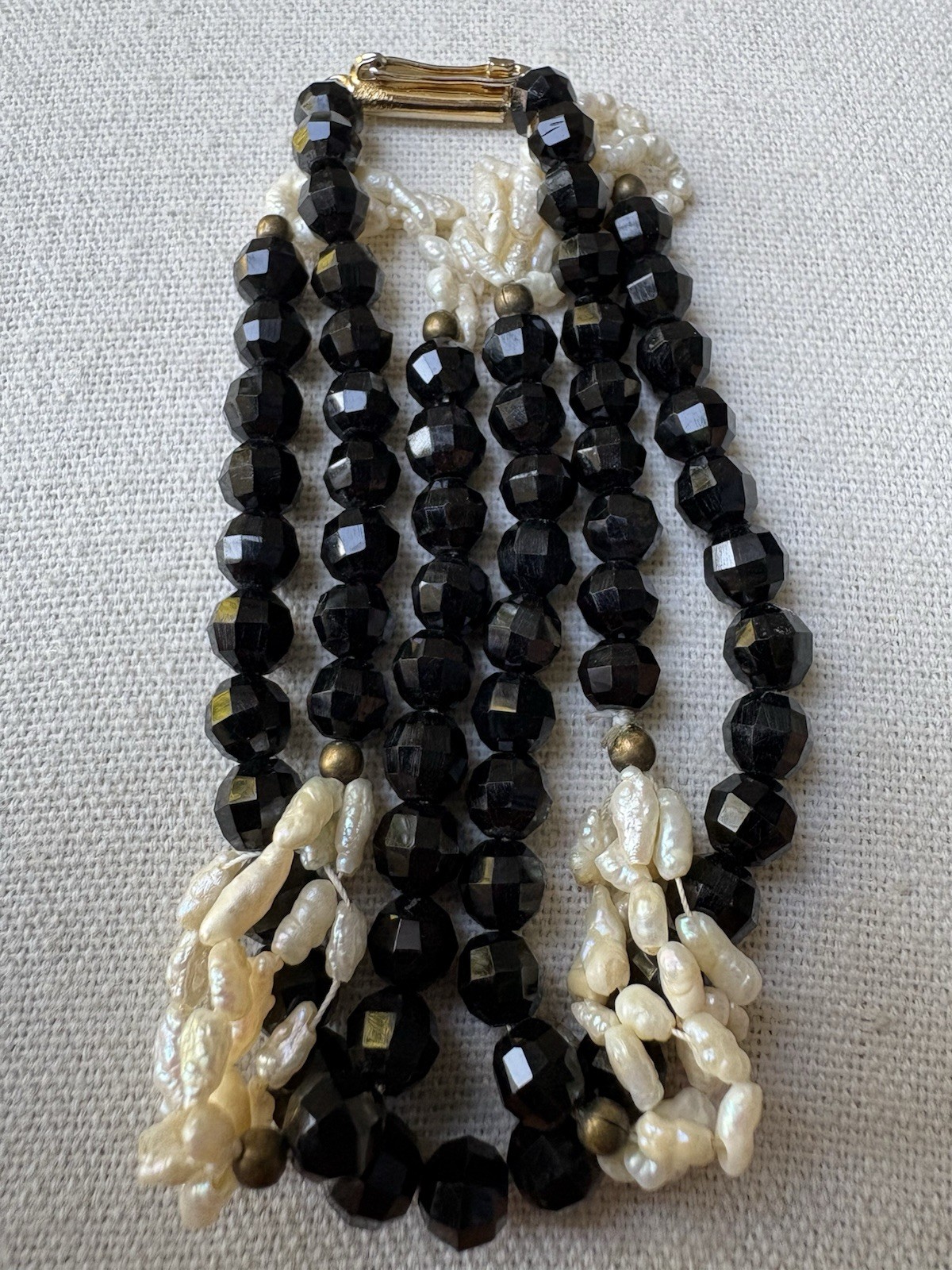 Vintage Mid-20th Century Faceted Black Onyx & Baroque Freshwater Pearl Necklace