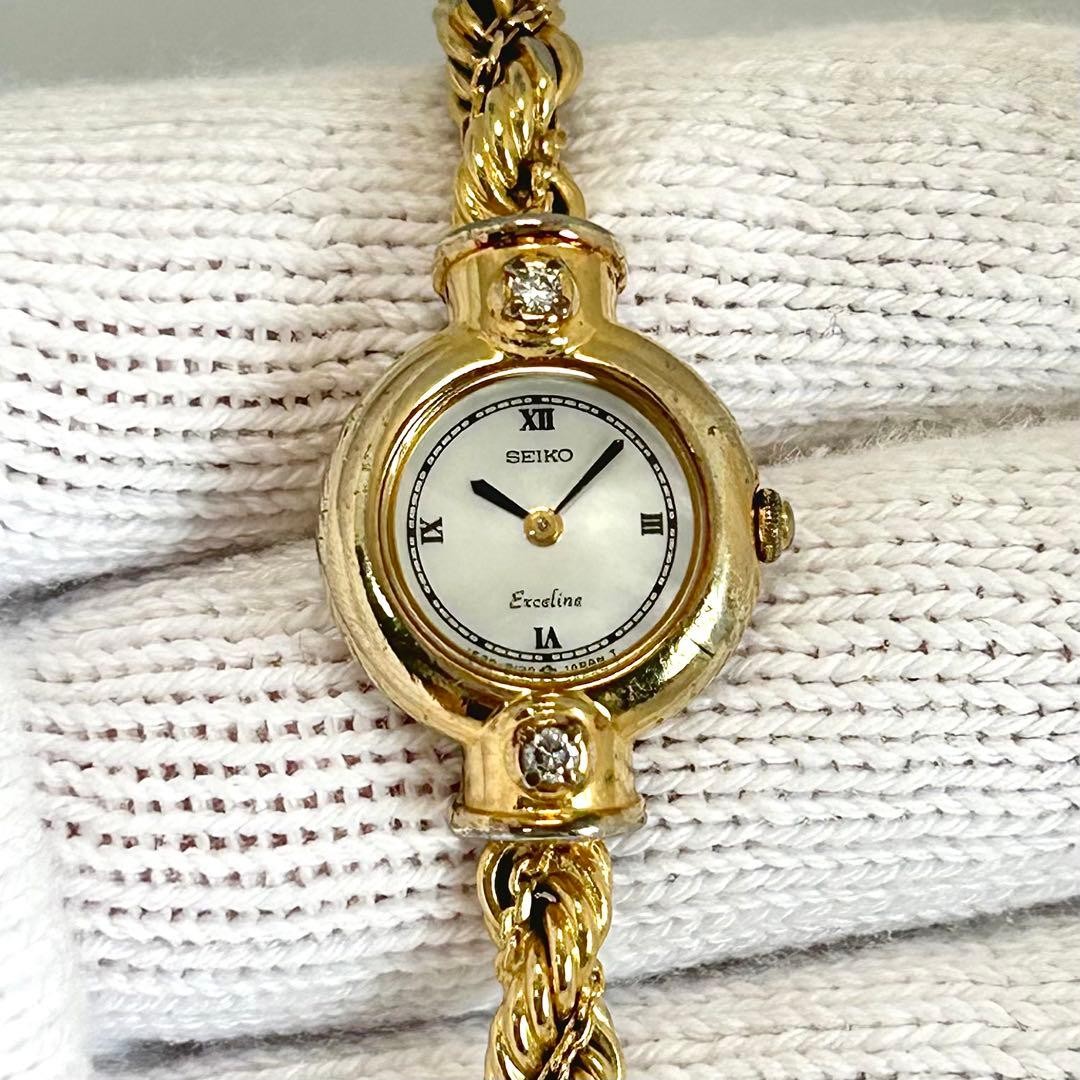 SEIKO EXCELINE 1E20-0690 Shell 2 Diamond Gold 17mm Running Japan