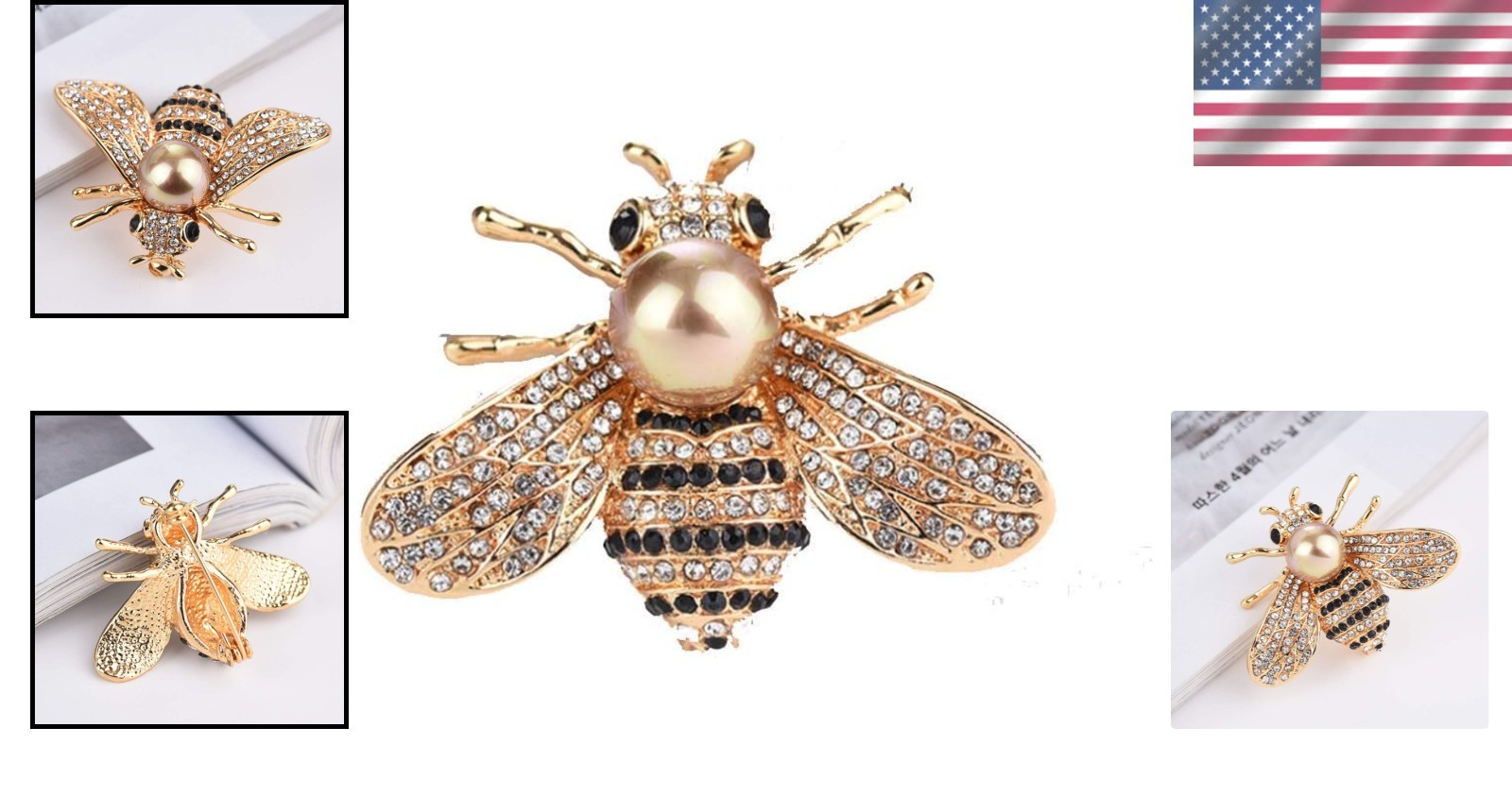 Charming Gold-Plated Bee Brooch with Rhinestones & Shell Pearl Beauty