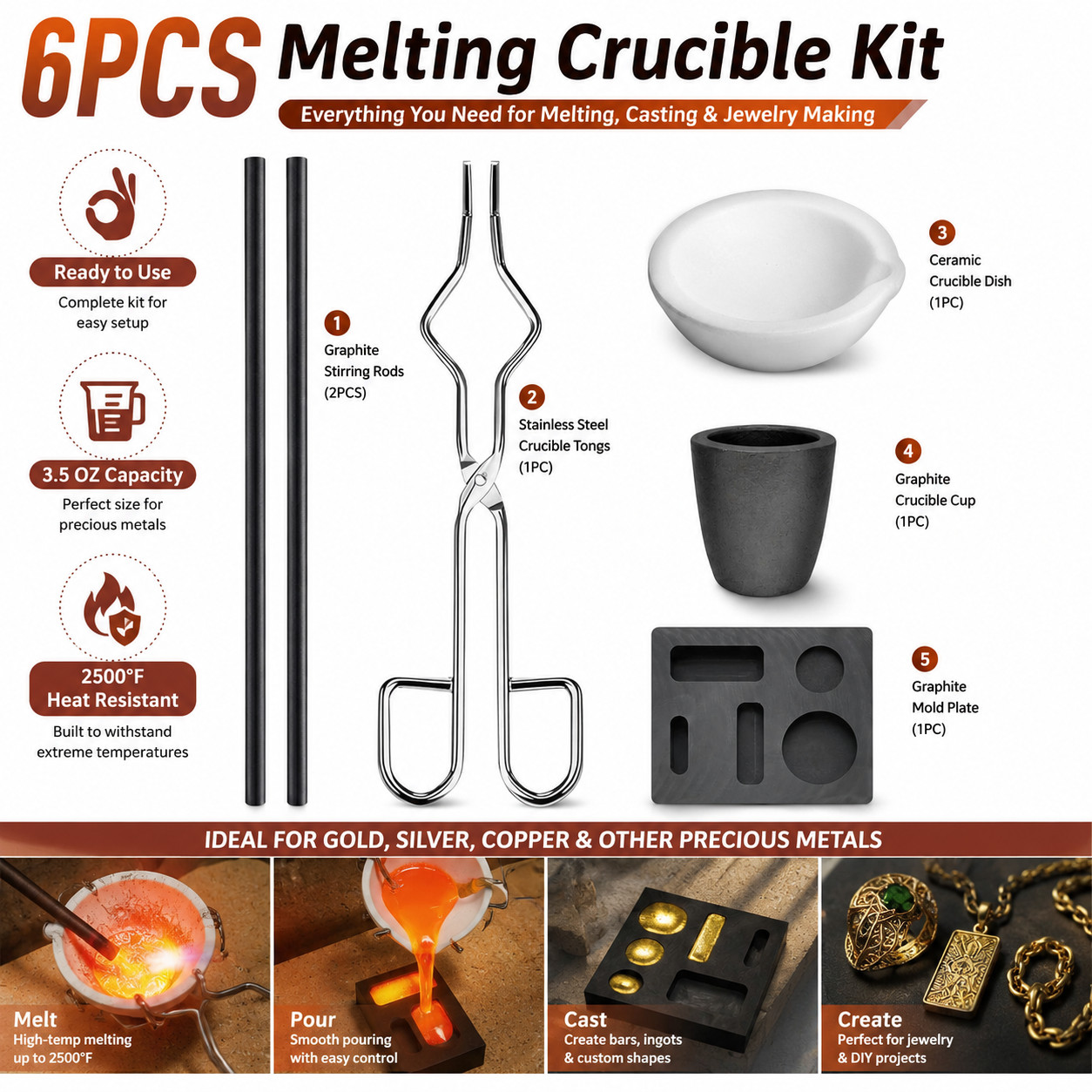6Pack Metal Melting Casting Kit Graphite Ingot Mold Gold Silver Copper Refining