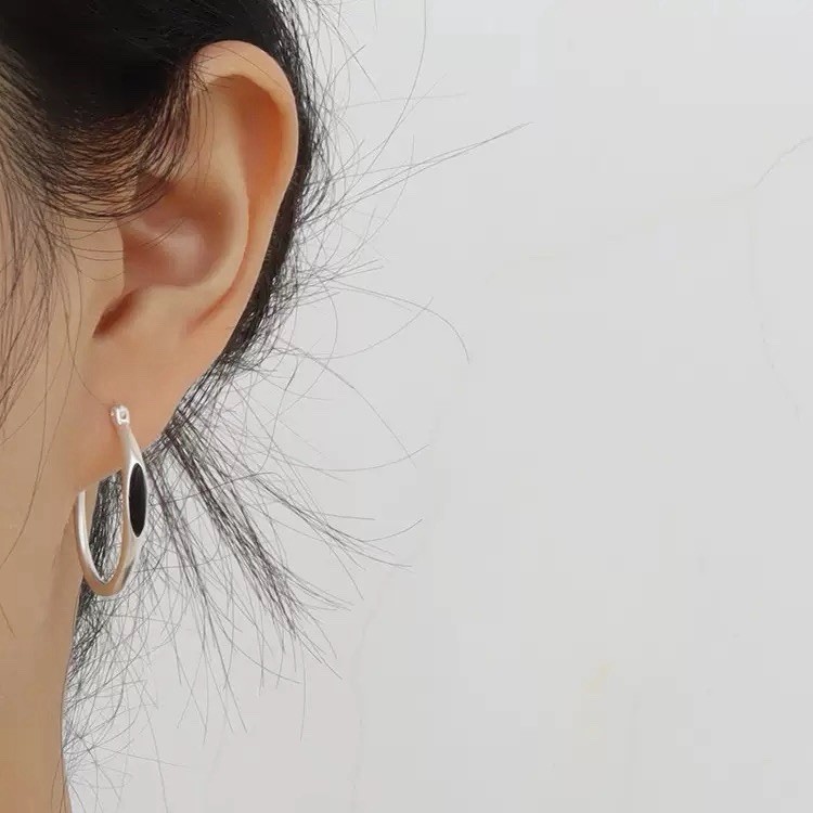 925 Silver Vintage Black Onyx Oval Hoop Earrings Minimalist Hoops for women 478