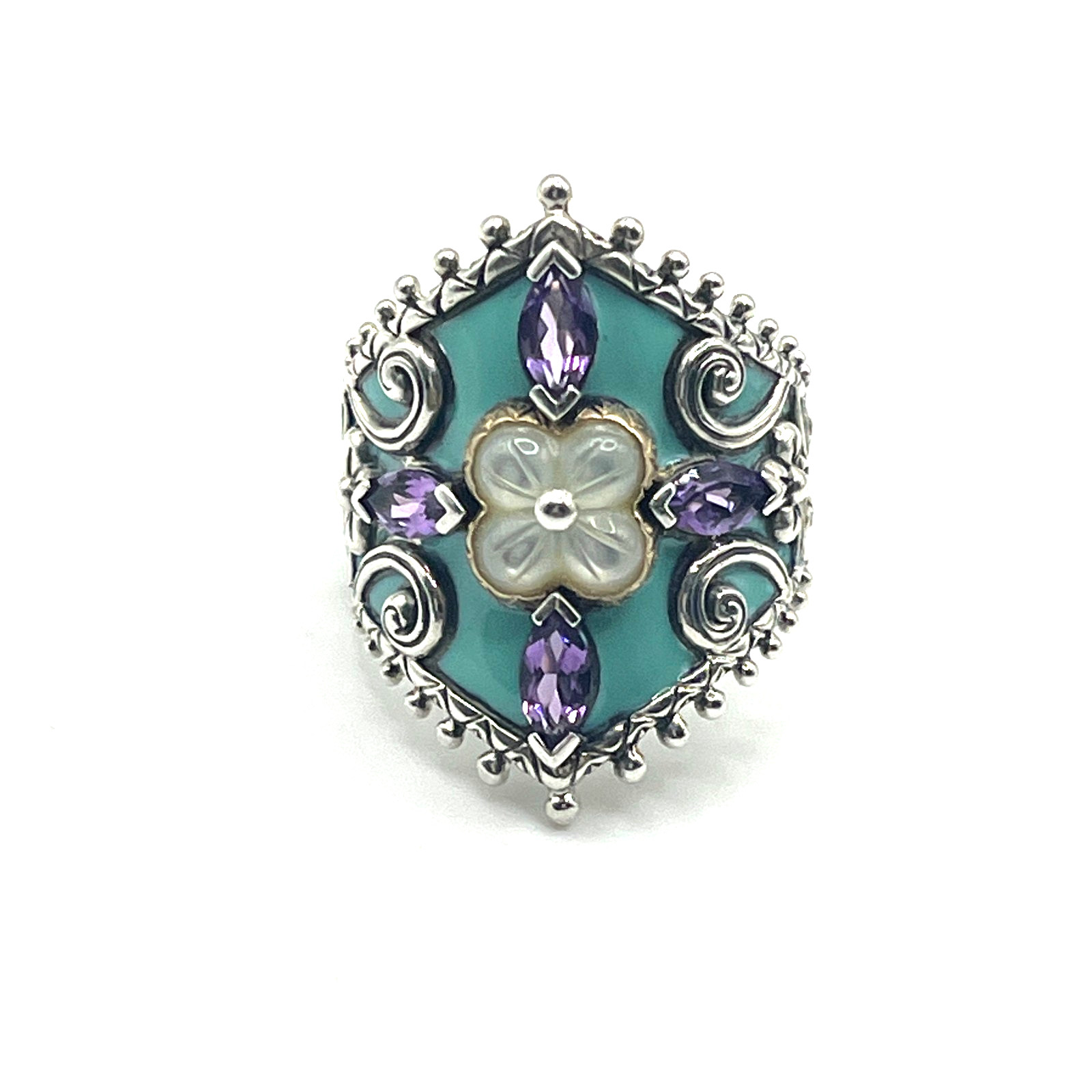 Barbara Bixby Ring Sz 8 Turquoise Amethyst MOP Lotus Sterling 925 and 18k Accent