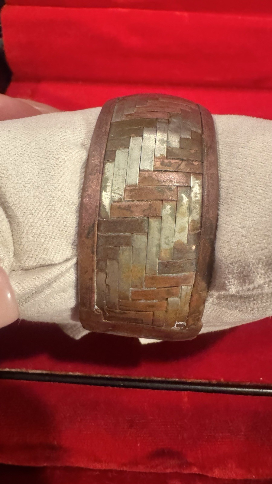 Two-Tone Copper & Silver Metal Woven Pattern Wide Cuff Bracelet No Stone