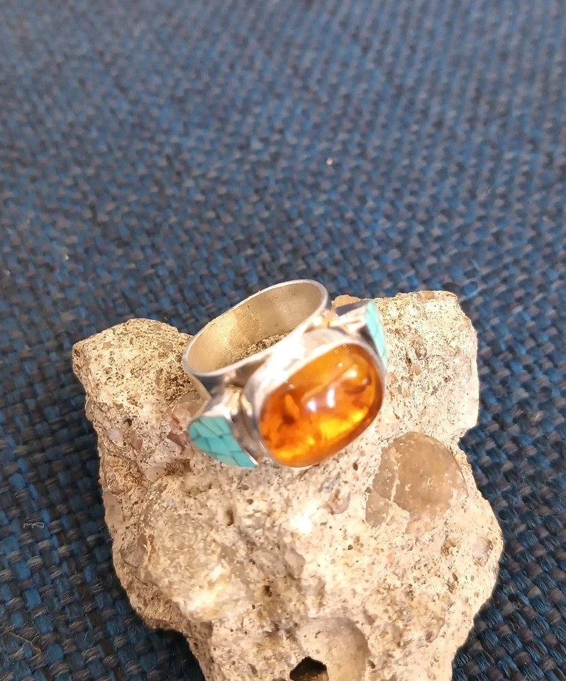 JAY KING DTR Amber & Turquoise Sterling Silver Ring Size 5