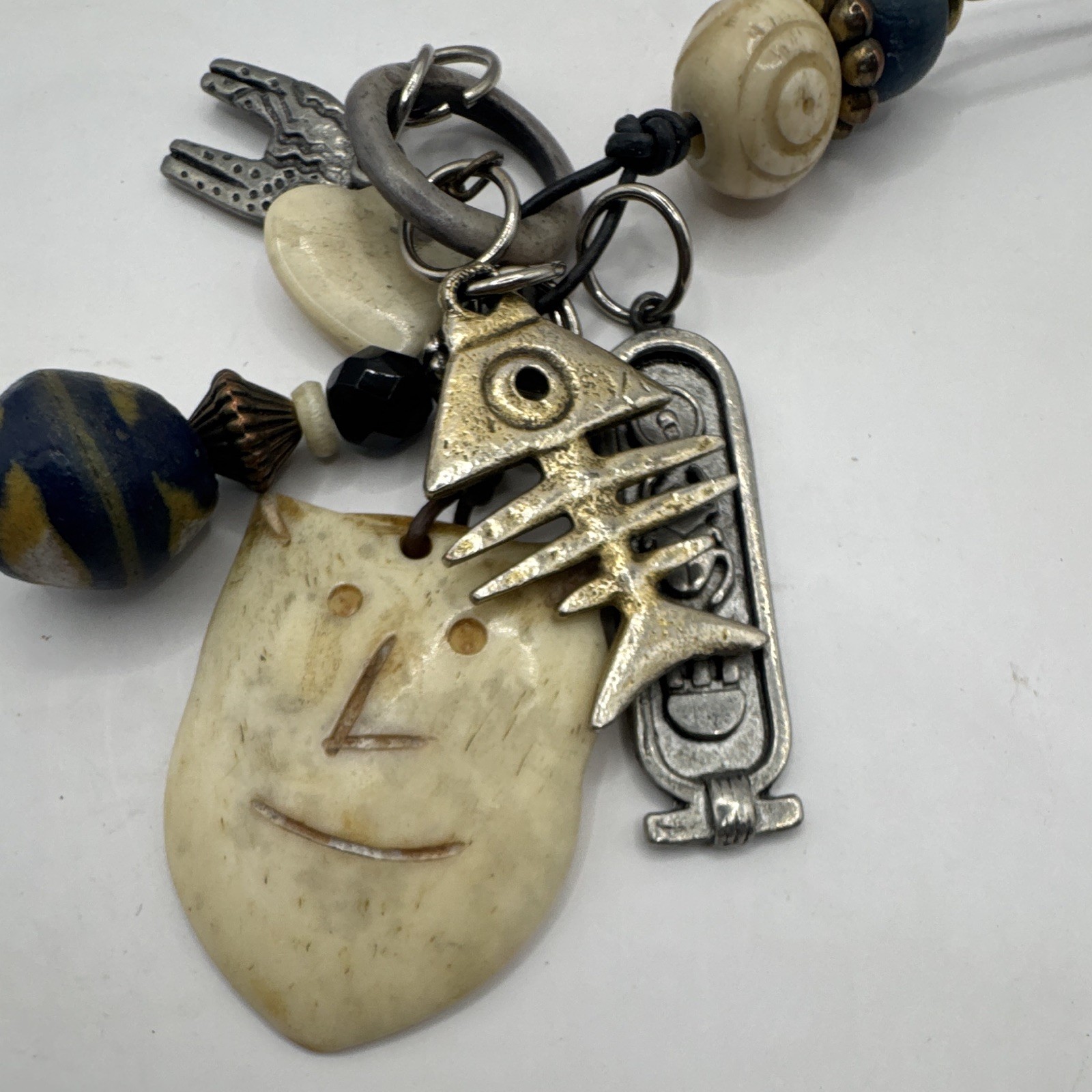 Handcrafted Bohemian Charm Pendant Necklace Ceramic Metal Cord Multicolor