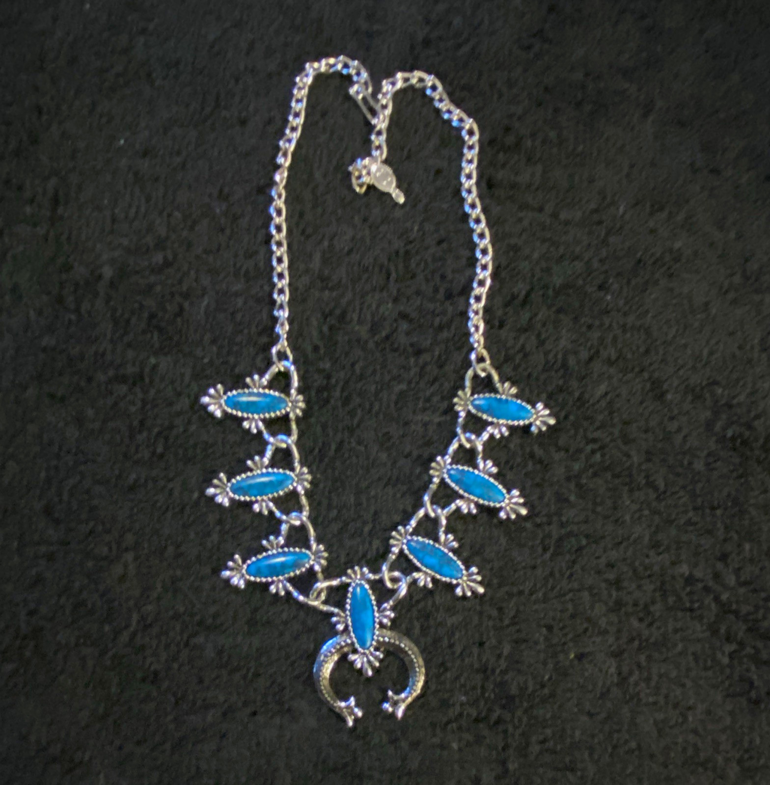 Silver Tone Horseshoe Pendant Necklace Blue Marquise Stone Cable Lobster Clasp
