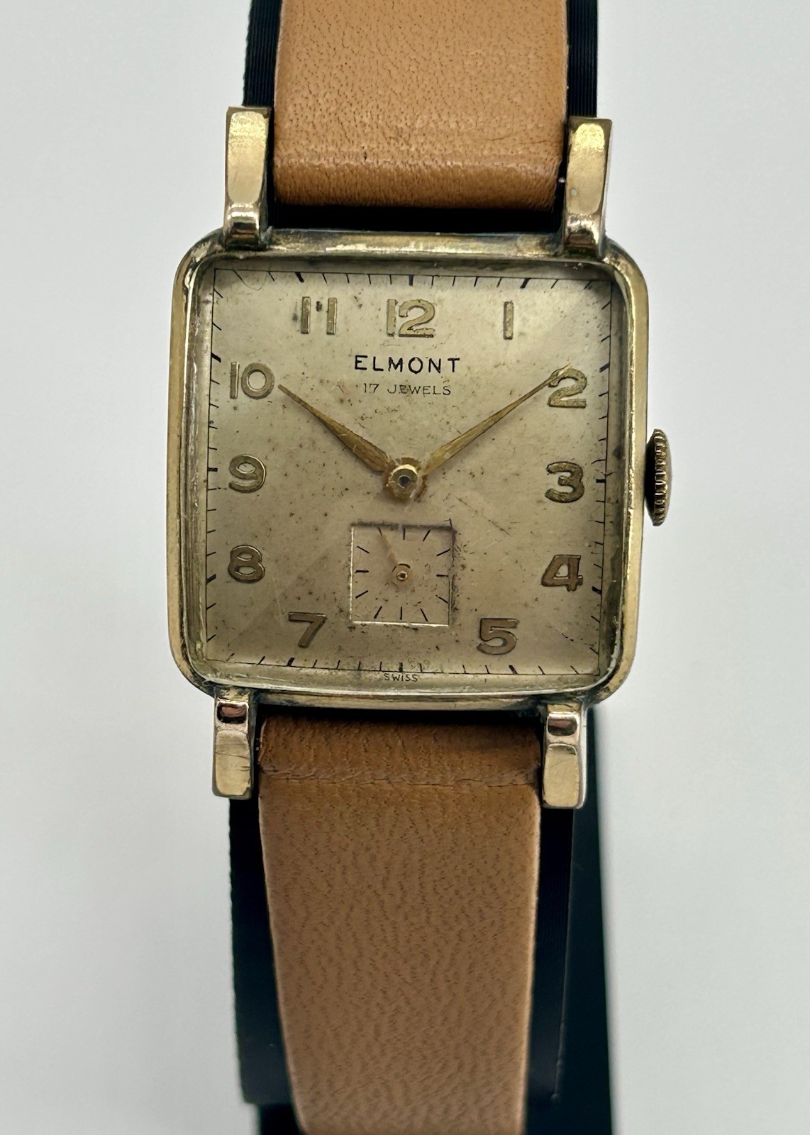 Elmont Swiss Made 17J Manual Wind Square Gold Tone Small Sec Brown Leather