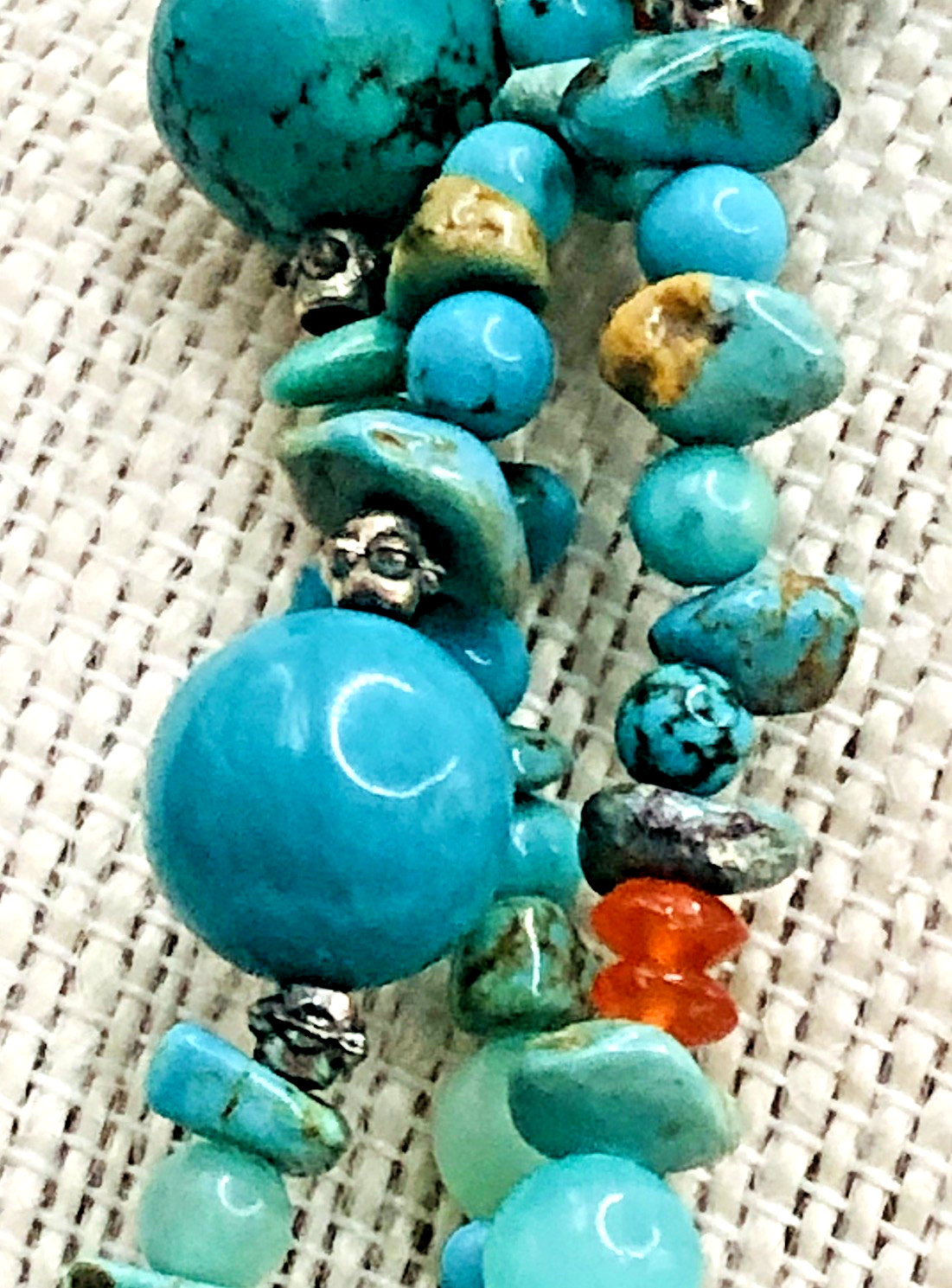 Vtg 58 Inch Beaded Tassel Lariat Necklace Sterling, Turquoise , Chrysoprase etc.