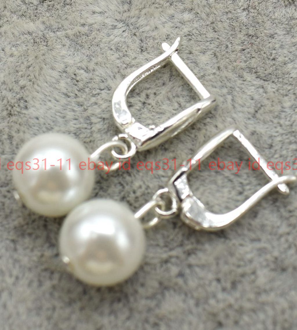 Beautiful Pretty 12mm White Shell Pearl Classic Round Beads Leveback Earrings
