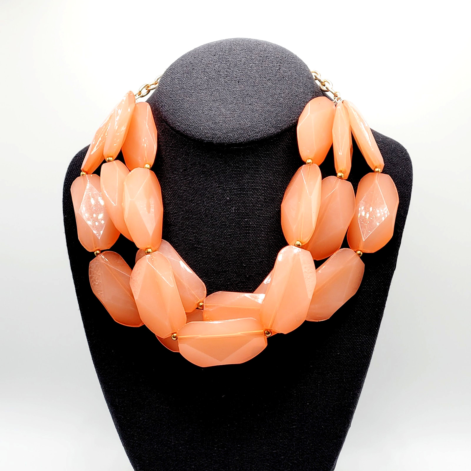 Glamourous Melon Peach Orange Shade Lucite Triple Strand Beaded Necklace 21 Inch