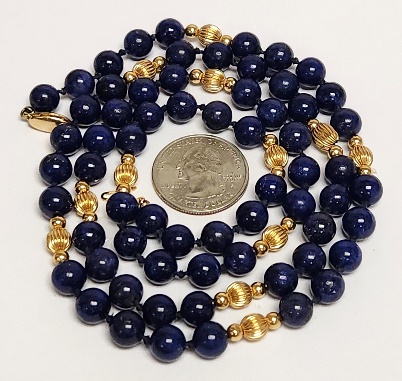 Vintage 8.05 Lapis Lazuli & 14K Yellow Fluted Bead Strand Necklace 31.5″