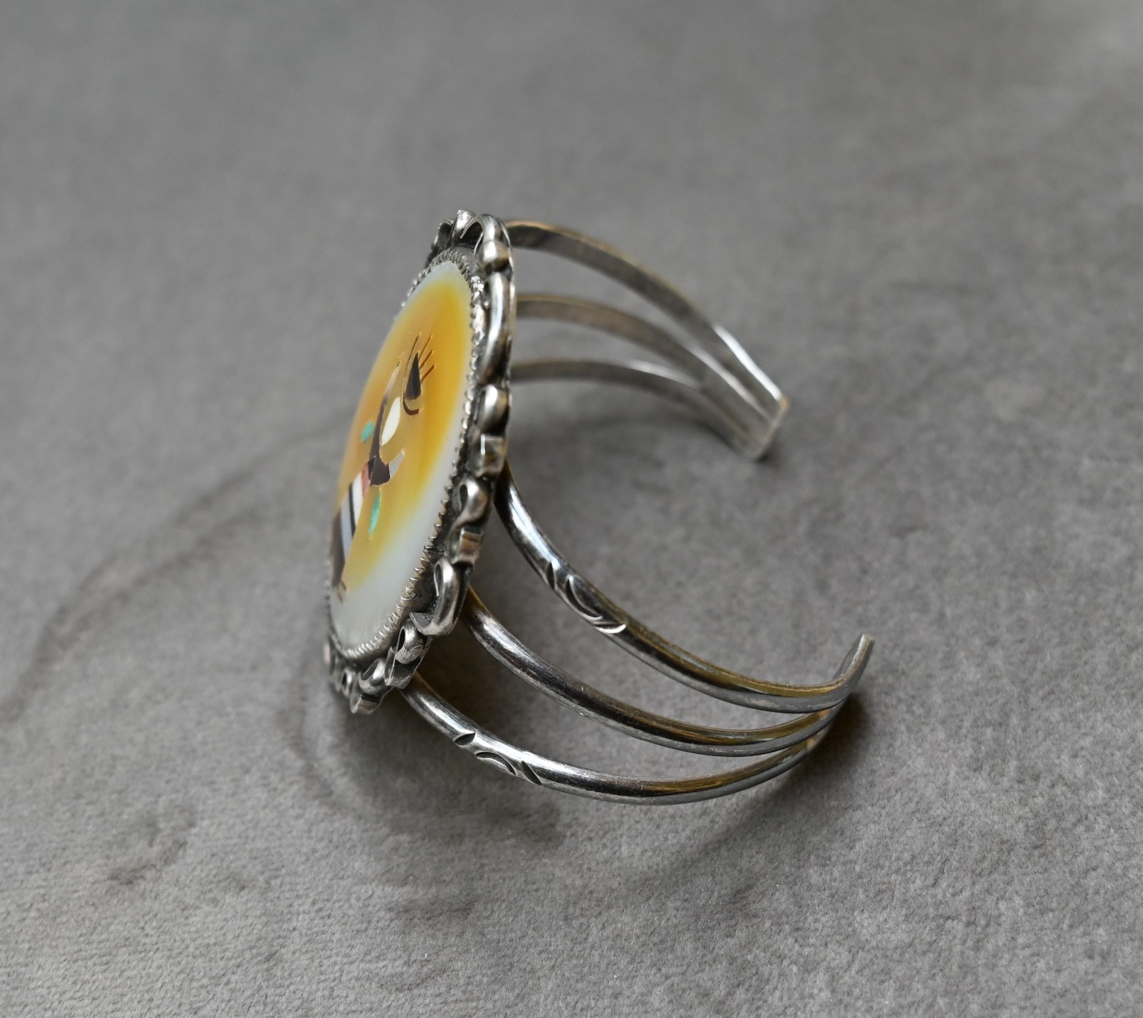 Tewa Pueblo Ga’an Dancer by Feline Naranjo Sterling & Gemstone 37 grm 6 3/4″ fit