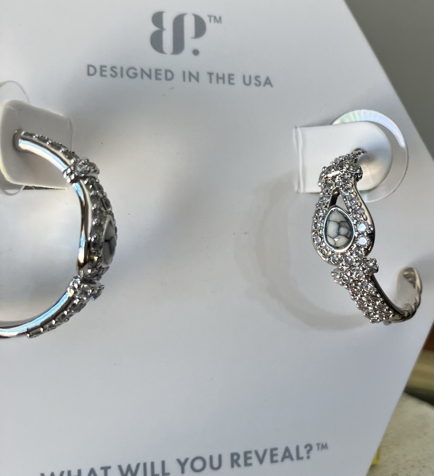 Bomb Party OG Earrings “Serving Looks” Howlite Hoops On Rhodium ER49507
