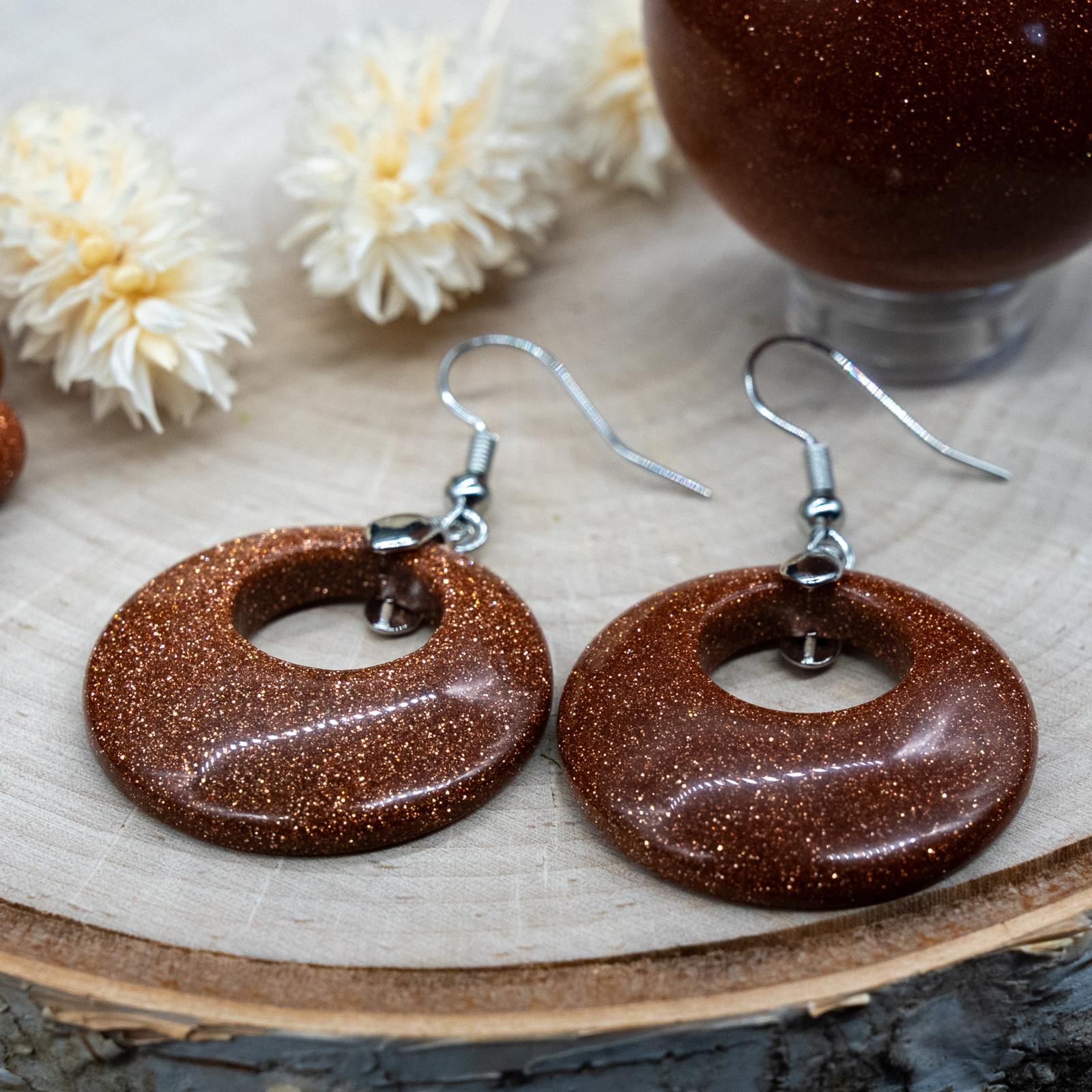 Goldstone Crystal Earrings Gold Sandstone Circle Silver Womens Jewelry Gold Gift