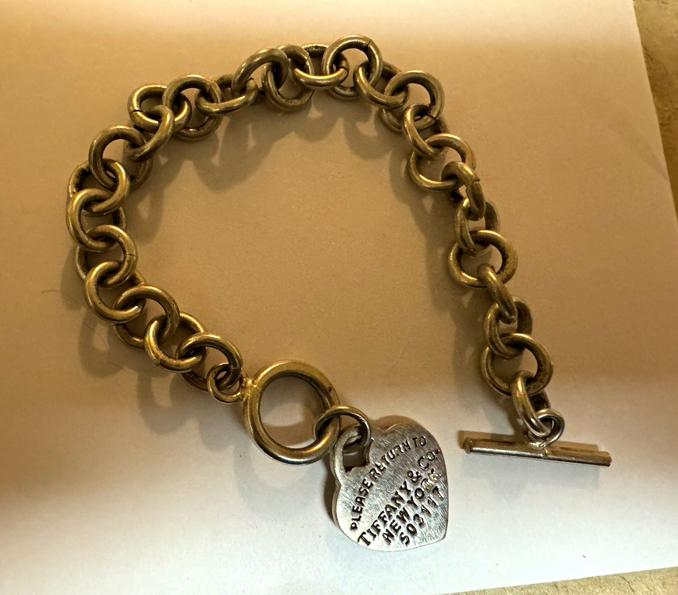 Tiffany & Co. 925 Sterling Silver Engraved Signed Heart Tag Toggle Bracelet