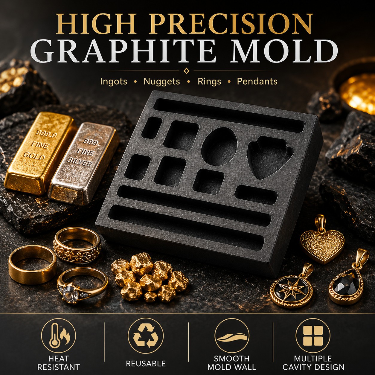 Graphite Ingot Casting Mold 4x4in Gold Silver Copper Bar Coin Tool Block Set Die