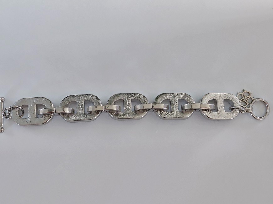 Vintage Silver Tone Chunky Link Statement Bracelet 7.5″ Pave Crystals and Charm