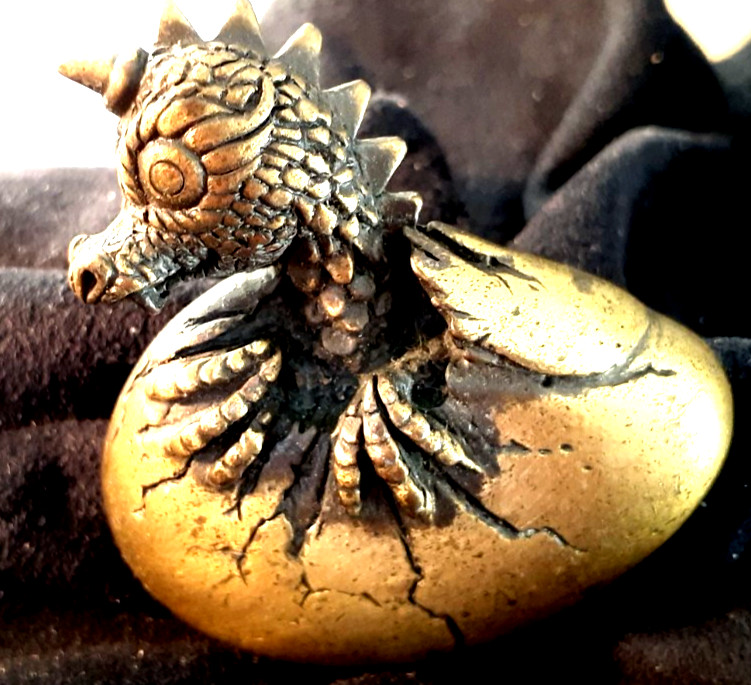 Vintage BRASS Hatching DRAGON 2″ PIN /Broach /maker’s mark “JJ”
