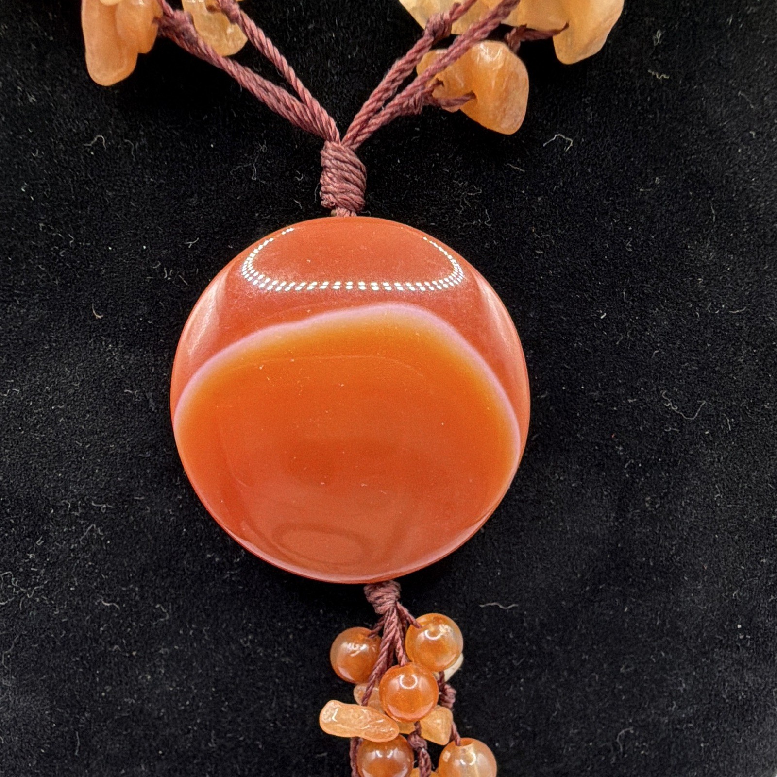 Bohemian Brown/Orange Agate Beaded Pendant Necklace Adjustable Cord Tassel