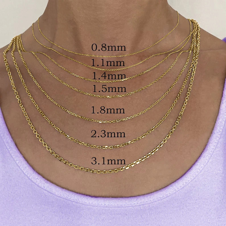 14K Yellow Gold Diamond Cut Oval Cable Link Chain Necklace, 0.8mm to 3.6mm Wide.