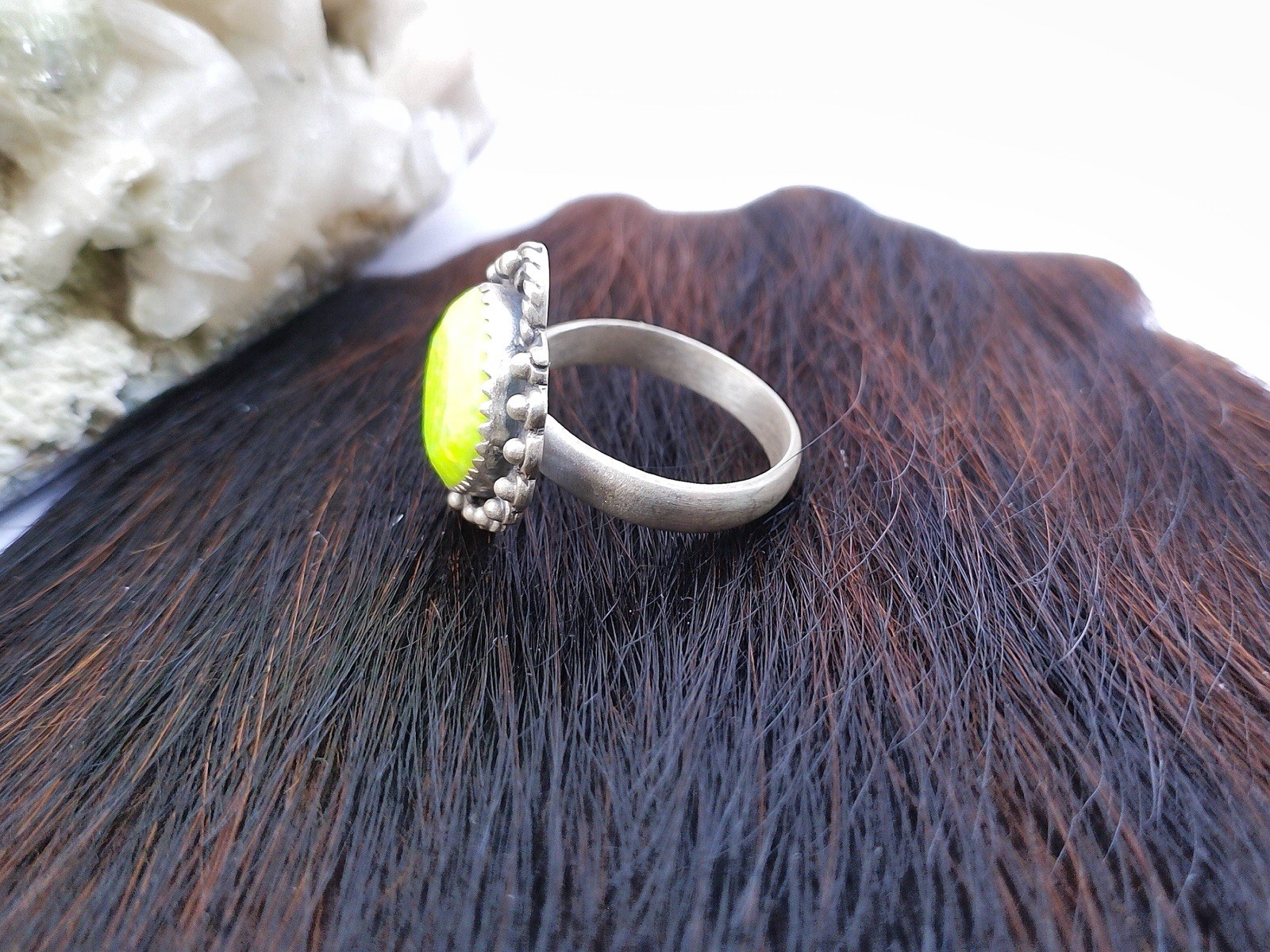 Green Opal Ring Sterling Silver 925 Neon Lime Statement Southwest Western Boho