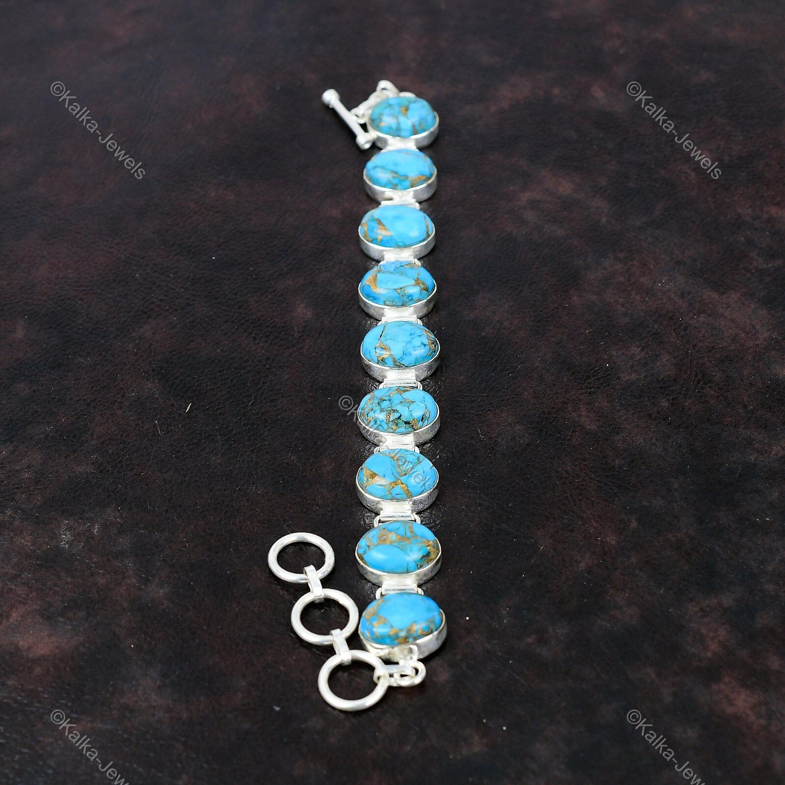 Natural Copper Blue Turquoise Chain Adjustable Bracelet 925 Silver For Women