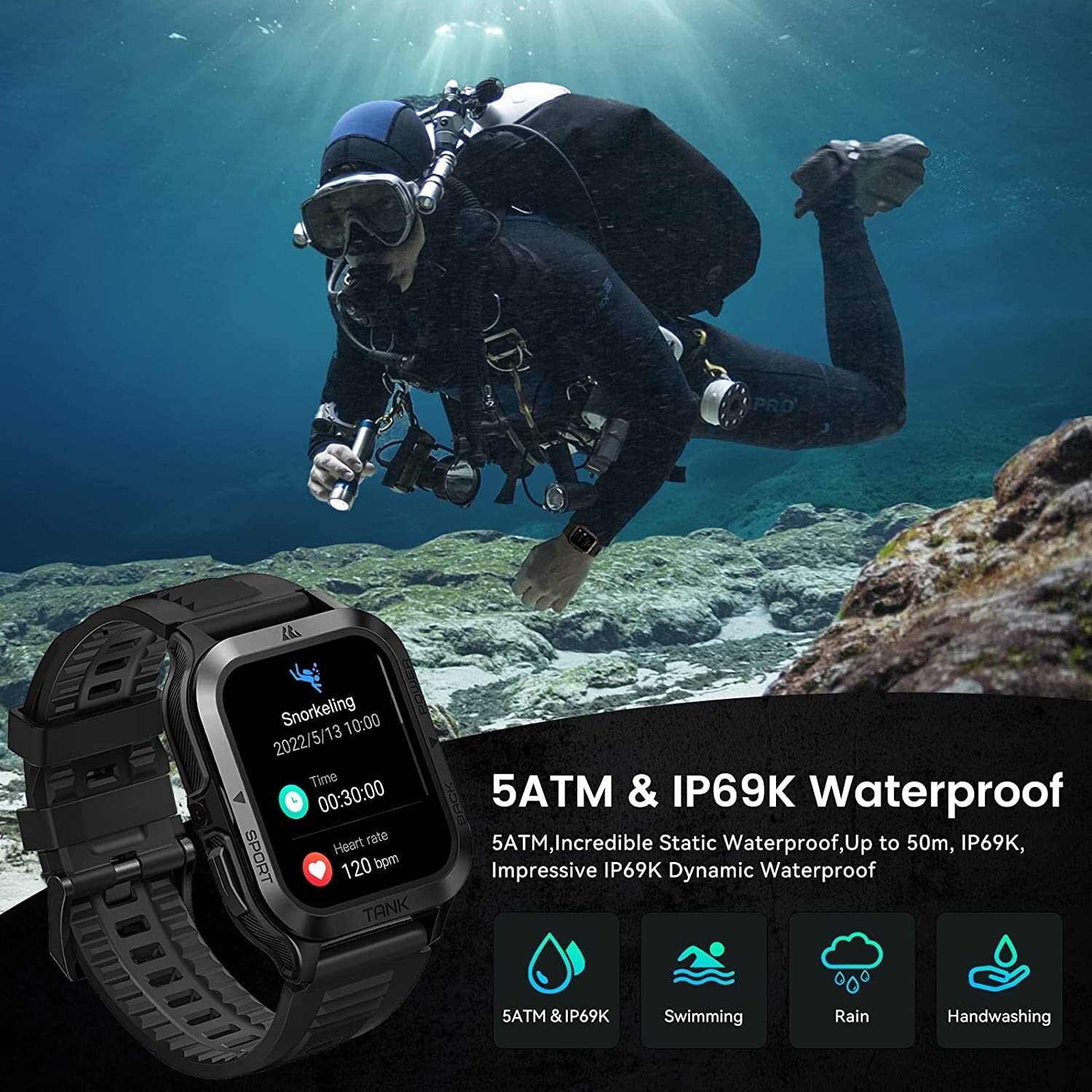 Smart Watch, 60 Days Battery, 50M Waterproof, Rugged Military ,Fitness Tracker