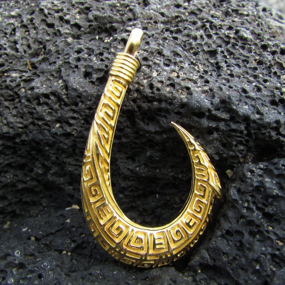 Maui Fishing Hook Necklace. 18K Gold Vermeil Hawaii. Tribal Design.