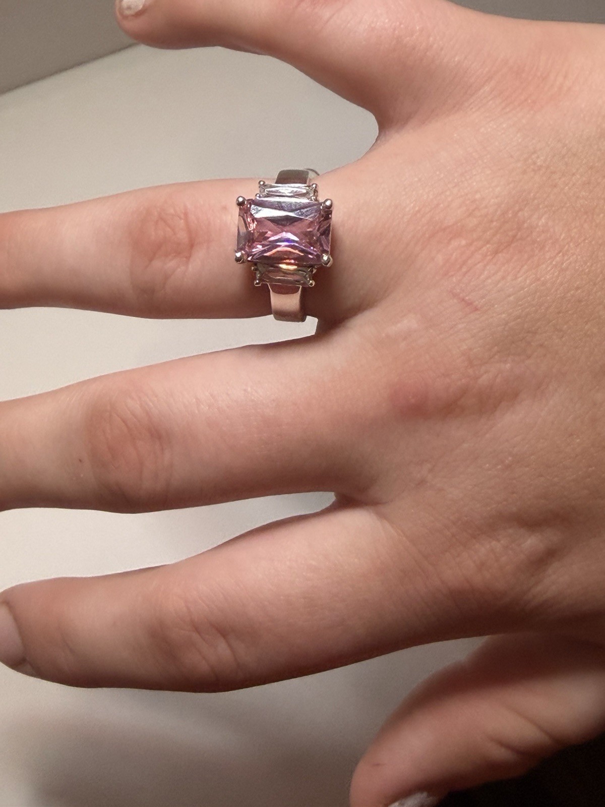 Pink Emerald-Cut Rectangle Stone Prong Set Silver Tone Cocktail Ring Sz 9