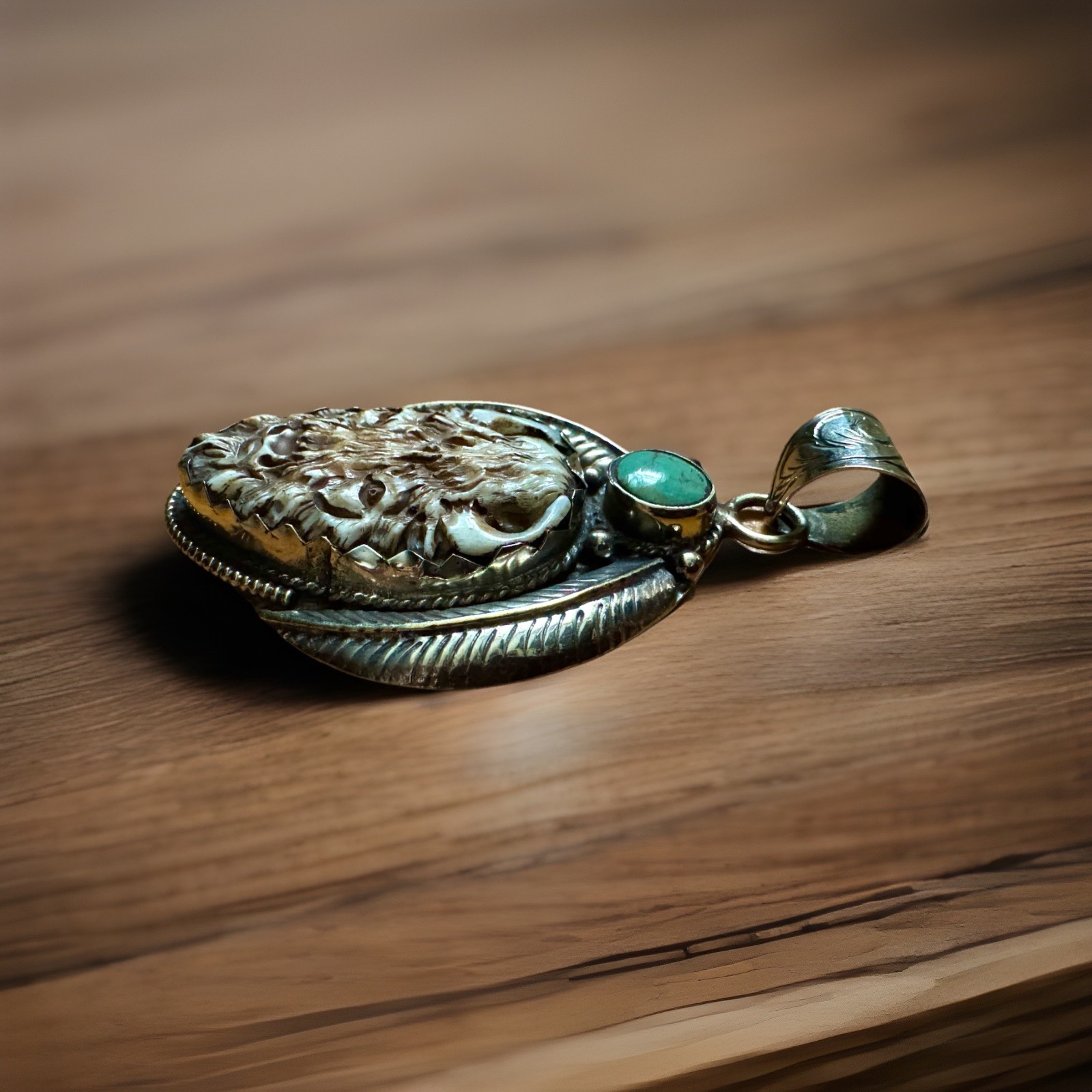 Hand Carved Bone Pendant,Bison Art,Auspicious Floral Carving,Turquoise & Silver
