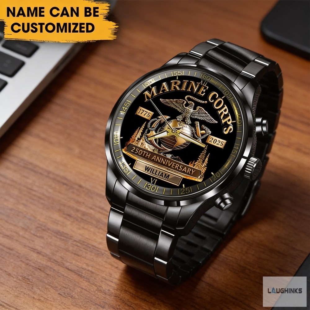 Personalized US Marine Corps 250th Veteran Black Stainless Steel Watch