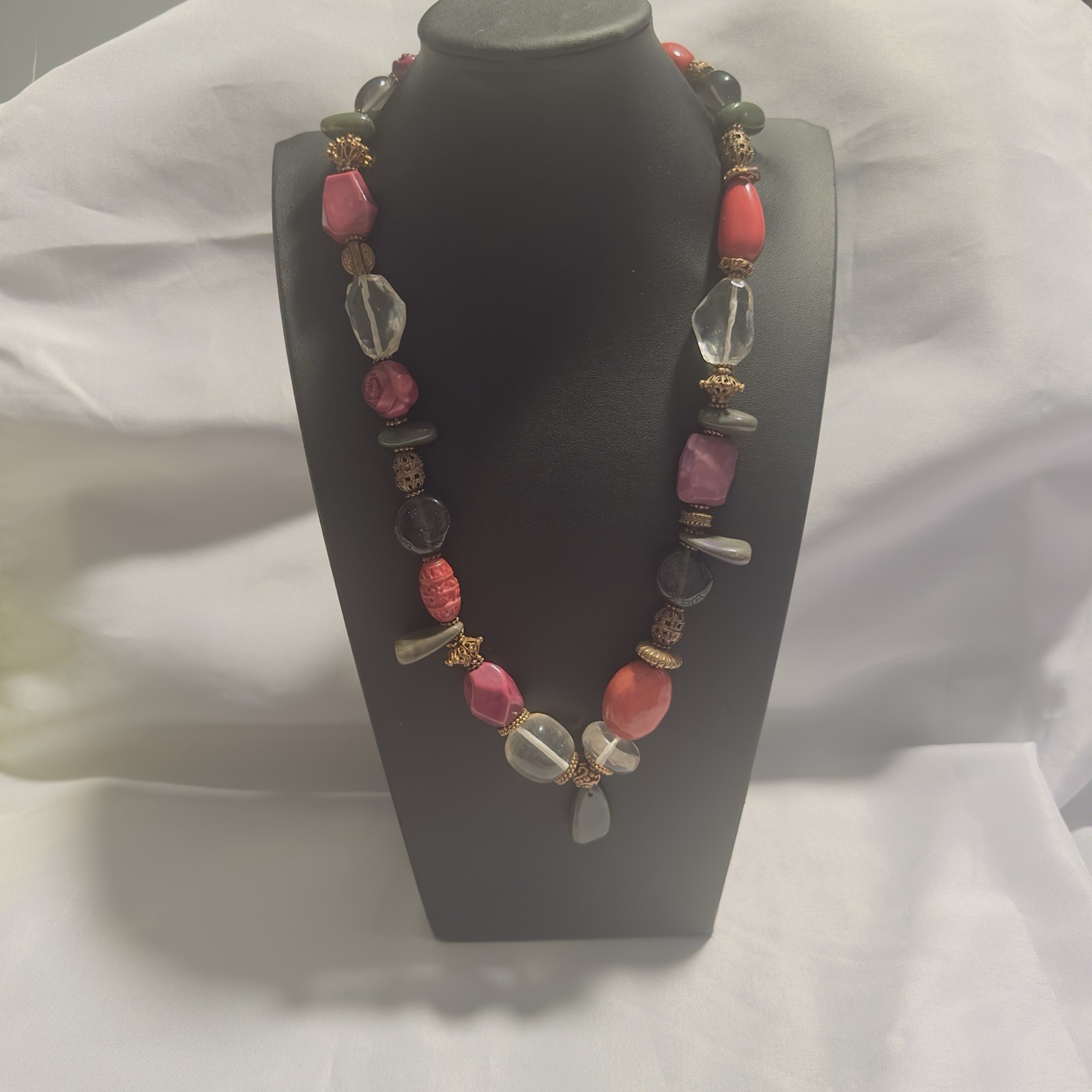 Chunky Statement Beaded Necklace Pink Purples Clear Multi Shape Acrylic Smooth