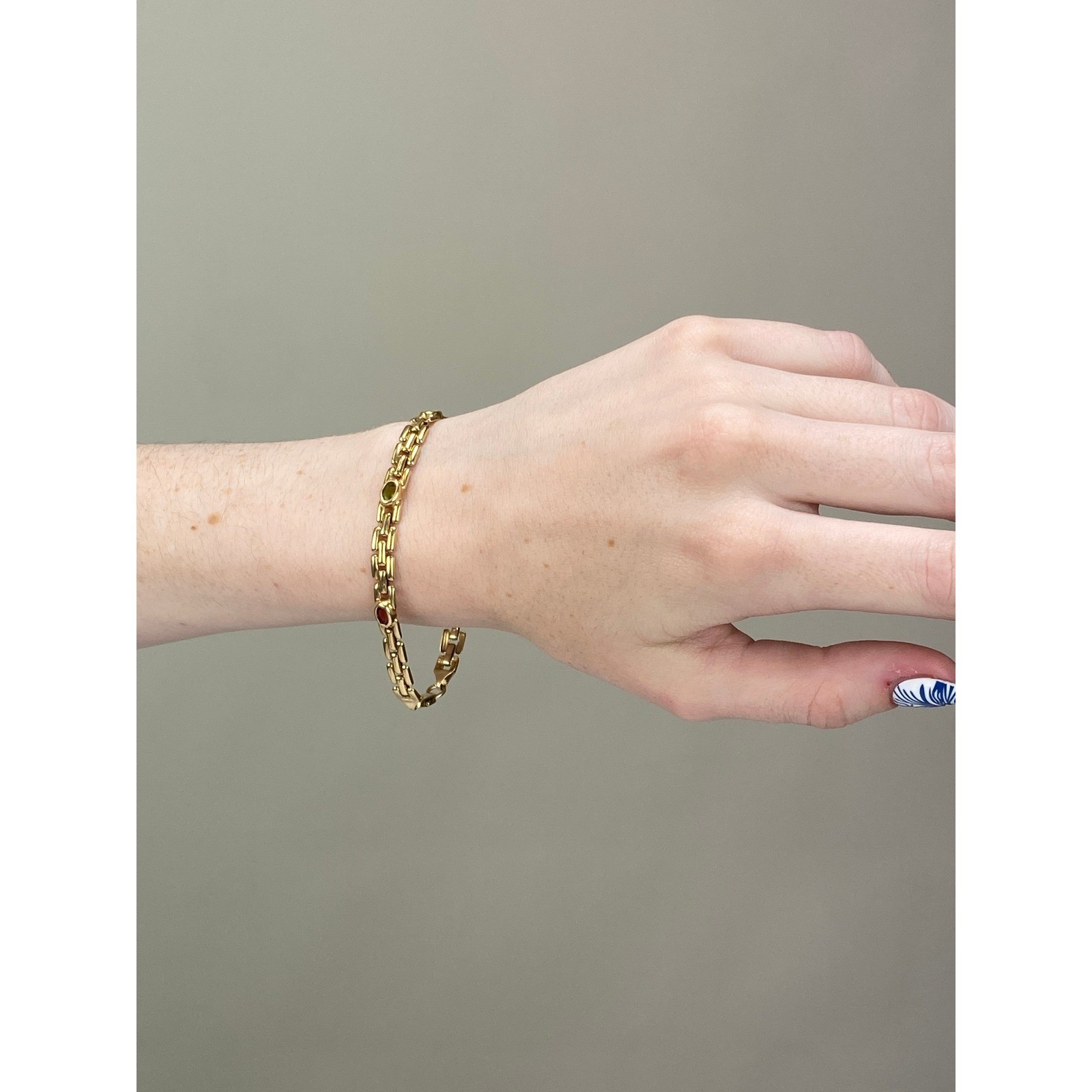 Estate 14k Yellow Gold Panther Link Multi Gemstone Rainbow Bracelet 7.25in