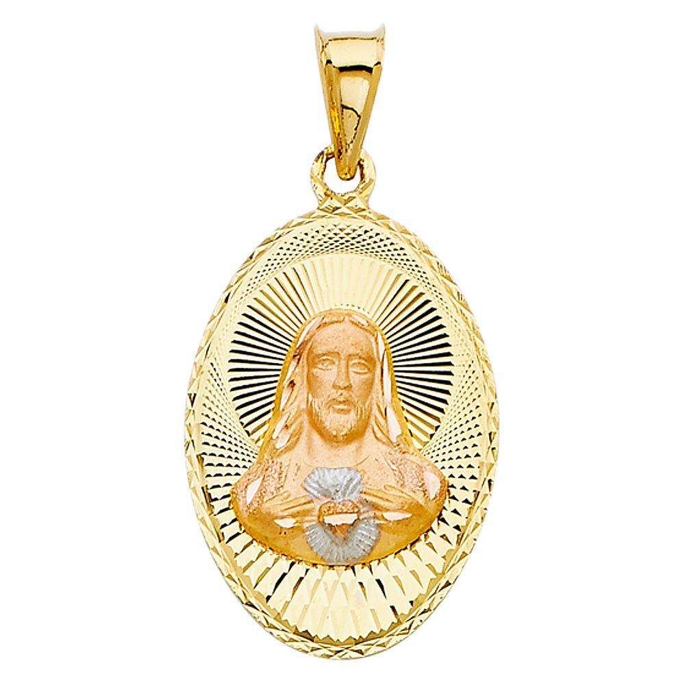 14K Tri Color Gold Jesus Stamp Religious Charm Pendant &1.2mm Box Chain Necklace
