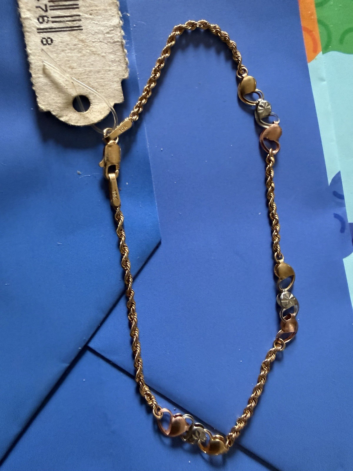 10K Yellow Gold Rope Chain Charm Bracelet w/ Disc Charms, Peru Tag, Lobster