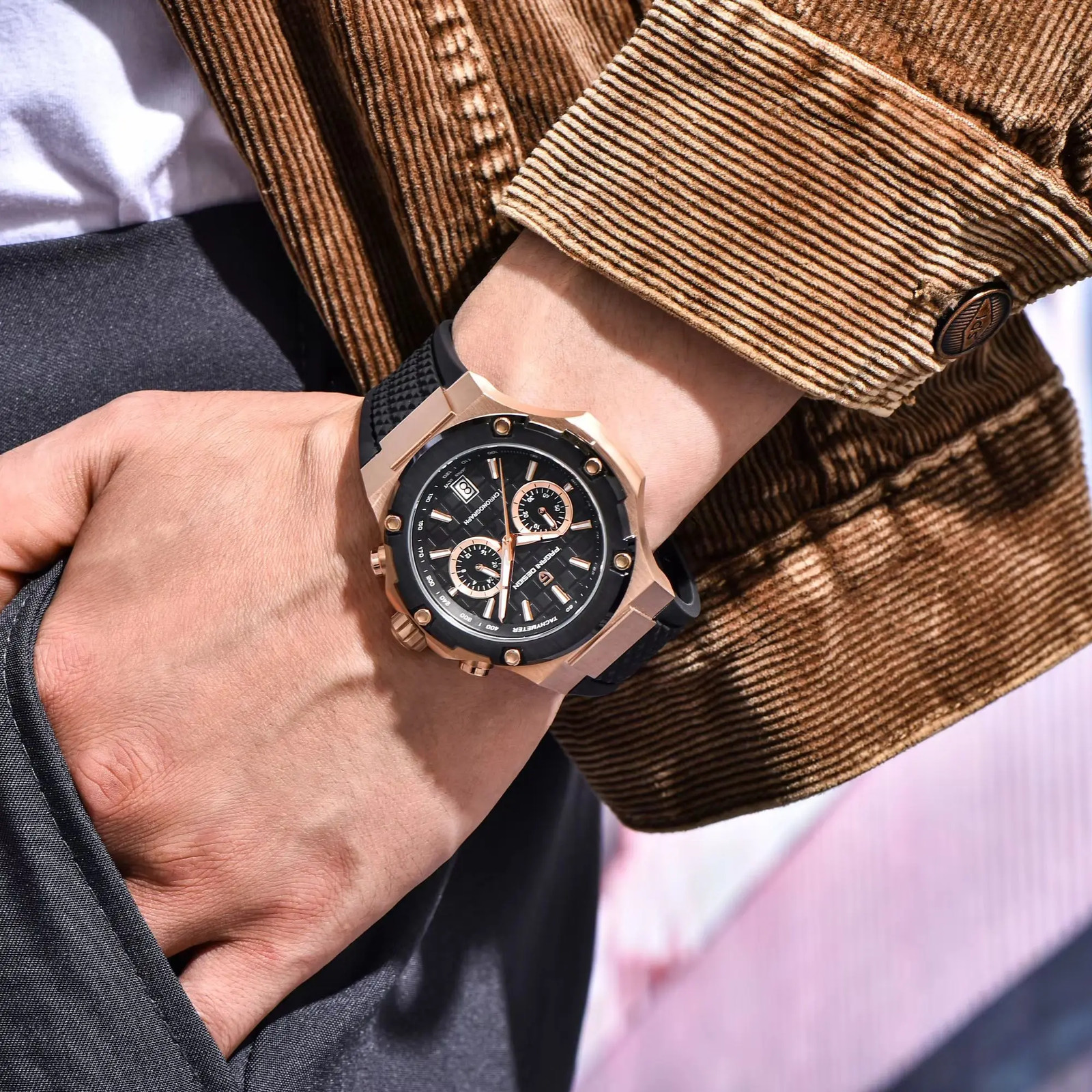 PAGANI DESIGN Men’s Chronograph Watch VK64 Quartz 10ATM Rose Gold Sport Watch