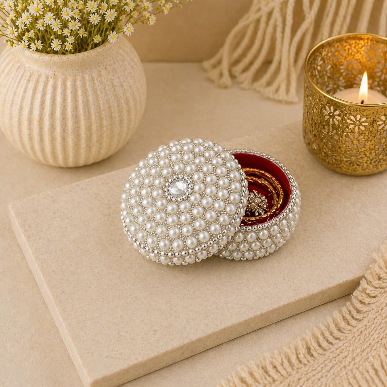LOVENSPIRE Pearl Jewelry Box for Women Travel Case Small, Silver