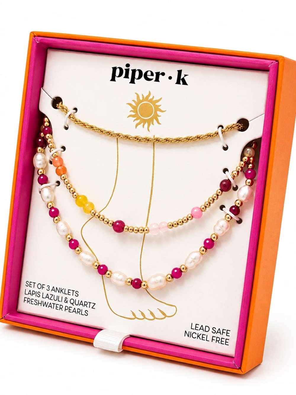 Piper K Freshwater Pearl & Quartz 3 Piece Anklet Set Gold Tone Boho Chic