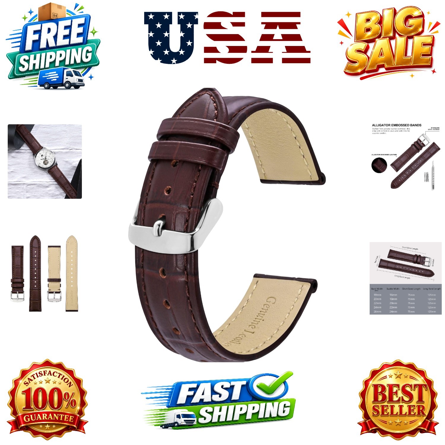 Watch Bands, Alligator Embossed Leather Watch Straps, Band Width- 18mm 19mm 2…
